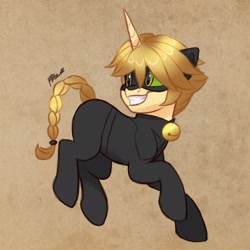 Size: 2048x2048 | Tagged: safe, artist:artharuhi, derpibooru import, pony, unicorn, adrien agreste, bell, bodysuit, braid, braided tail, chat noir, clothes, male, mask, miraculous ladybug, ponified, smiling, suit, superhero, tail, teenager