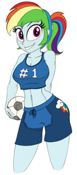 Size: 850x1920 | Tagged: safe, artist:roseluck, derpibooru exclusive, derpibooru import, rainbow dash, human, equestria girls, abs, alternate hairstyle, arm behind back, belly button, big breasts, breasts, cleavage, clothes, colored sketch, cutie mark on clothes, female, football, holding, looking at you, midriff, open mouth, open smile, pencil drawing, ponytail, rainboob dash, shorts, simple background, smiling, smiling at you, solo, sports, sports shorts, standing, tanktop, three quarter view, traditional art, white background, wide hips