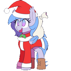 Size: 400x400 | Tagged: safe, artist:thebatfang, derpibooru import, oc, oc only, oc:lucky roll, bat pony, pony, animated, bat pony oc, bat wings, boots, butt, christmas, clothes, costume, cute, cute little fangs, ear tufts, fangs, female, gif, hat, holiday, mare, mistletoe, open mouth, padoru, plot, sack, santa costume, santa hat, shoes, simple background, solo, spinning, transparent background, wings