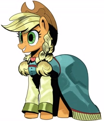 Size: 3534x4096 | Tagged: safe, artist:_ton618_, derpibooru import, applejack, earth pony, pony, alternate hairstyle, applejack also dresses in style, applejack's hat, braid, braided pigtails, clothes, cowboy hat, cute, dress, female, freckles, hat, jackabetes, mare, pigtails, simple background, smiling, solo, white background