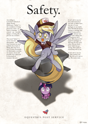 Size: 4500x6364 | Tagged: safe, artist:theratedrshimmer, derpibooru import, derpy hooves, twilight sparkle, pegasus, pony, unicorn, '90s, absurd resolution, advertisement, anvil, cute, derpabetes, female, happy, hat, irony, looking at you, mailmare, mailmare hat, mailmare uniform, retro, shocked, this will end in pain, twiabetes, vintage