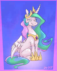 Size: 1158x1458 | Tagged: safe, artist:danton-y17, derpibooru import, princess celestia, alicorn, pony, abstract background, bedroom eyes, jewelry, regalia, sitting, smiling, solo