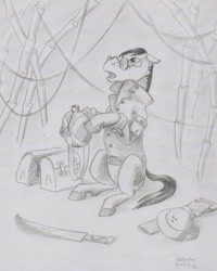 Size: 560x700 | Tagged: safe, artist:adeptus-monitus, derpibooru import, oc, oc only, earth pony, pony, bag, clothes, hat, jungle, machete, monochrome, pith helmet, saddle bag, solo, traditional art