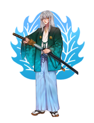 Size: 1554x2029 | Tagged: safe, artist:keiq79, derpibooru import, oc, oc only, oc:king ao, changeling, dragon, human, clothes, emblem, heterochromia, humanized, katana, kimono (clothing), looking at you, samurai, sandals, simple background, smiling, smiling at you, solo, sword, weapon, white background