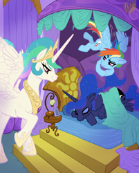 Size: 3500x4345 | Tagged: safe, artist:ladydino, derpibooru import, princess celestia, princess luna, rainbow dash, alicorn, pegasus, pony, bed, bedroom, blanket, eyes closed, fanfic art, female, flying, high res, lying down, mare, missing accessory, no clop november, no nut november, prone, raised hoof, raised leg, royal sisters, siblings, sisters, sleeping, smiling, smirk, smug, spread wings, trio, trio female, wings