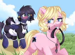 Size: 1469x1075 | Tagged: safe, alternate version, artist:freyamilk, derpibooru import, oc, oc only, oc:fenris ebonyglow, oc:kara waypoint, earth pony, pegasus, pony, blushing, clothes, collar, female, grin, jewelry, kunai, leash, maid, male, mare, mouth hold, necklace, pet play, smiling, stallion