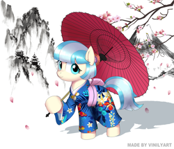 Size: 1736x1491 | Tagged: safe, artist:vinilyart, derpibooru import, coco pommel, earth pony, pony, cherry blossoms, clothes, cocobetes, cute, female, flower, flower blossom, holding, kimono (clothing), mare, mountain, pagoda, simple background, smiling, solo, umbrella, white background