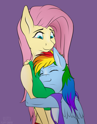 Size: 2388x3024 | Tagged: safe, artist:fluffyorbiter, derpibooru import, fluttershy, rainbow dash, anthro, pegasus, pony, big breasts, boob smothering, breasts, clothes, comfy, delicious flat chest, duo, duo female, female, flutterdash, grin, height difference, hootershy, hug, huge breasts, lesbian, looking down, muscles, purple background, rainbow flat, rainbuff dash, shipping, shirt, simple background, size difference, small breasts, smiling, smoldash, smothering, squishy, tallershy, undershirt