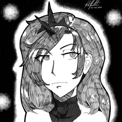 Size: 1500x1500 | Tagged: safe, artist:nlhetfield, derpibooru import, princess luna, human, bust, crown, eye clipping through hair, female, horn, horned humanization, humanized, jewelry, monochrome, portrait, regalia, signature, solo