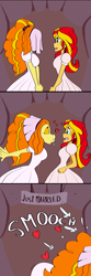 Size: 2000x6000 | Tagged: safe, artist:shippart, derpibooru import, adagio dazzle, sunset shimmer, human, equestria girls, 3 panel comic, big lips, clothes, comic, dress, female, forced kiss, forced shipping, heart, kissing, kissy face, lesbian, looking at someone, marriage, one sided shipping, open mouth, shipping, smooch, sunsagio, wedding, wedding dress, wedding veil