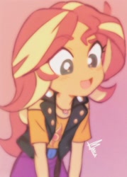Size: 735x1024 | Tagged: safe, artist:makaryo, derpibooru import, sunset shimmer, equestria girls, belt, clothes, cute, female, jacket, leather, leather jacket, open mouth, pink background, shimmerbetes, shirt, simple background, skirt, solo, t-shirt