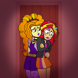 Size: 2048x2048 | Tagged: safe, artist:shippart, derpibooru import, adagio dazzle, sunset shimmer, human, equestria girls, after kiss, drool, duo, female, fetish, forced, kiss mark, kissy face, lesbian, lipstick, lipstick fetish, looking at someone, looking down, one sided shipping, purple lipstick, shipping, shivering, story in the source, sunsagio, traumatized