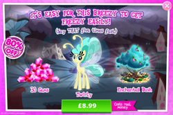 Size: 1956x1297 | Tagged: safe, derpibooru import, breezie, advertisement, ambiguous gender, antennae, bush, costs real money, enchanted, english, eyelashes, gameloft, gem, insect wings, mushroom, numbers, official, sale, solo, solo focus, spread wings, text, tree, twirly, wings