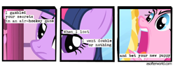 Size: 720x275 | Tagged: safe, edit, edited screencap, screencap, pinkie pie, twilight sparkle, earth pony, green isn't your color, a softer world, comic, forever, gambling, screencap comic, text