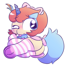 Size: 2000x2000 | Tagged: safe, artist:cushyhoof, pony, blushing, bow, butt, clothes, crossdressing, cute, frog (hoof), high res, keldeo, lying down, male, mythical pokémon, plot, pokémon, simple background, skirt, socks, solo, stallion, stockings, striped socks, thigh highs, transparent background, underhoof