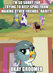 Size: 500x686 | Tagged: safe, edit, edited screencap, screencap, gabby, rarity, spike, dragon, griffon, pony, unicorn, dragon dropped, female, mare, op is trying to start shit, text