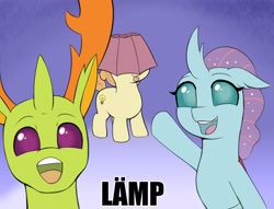 Size: 2048x1562 | Tagged: safe, artist:heretichesh, derpibooru import, ocellus, thorax, oc, changedling, changeling, pony, bugs doing bug things, foal, hat, king thorax, lampshade, lampshade hat, lämp, meme, pointing, talking to viewer, tongue, tongue out, trio