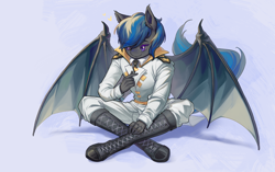 Size: 2530x1590 | Tagged: safe, artist:莫衡, derpibooru import, oc, oc only, oc:nocturne star, anthro, bat pony, blue hair, boots, clothes, gray coat, purple eyes, shoes, solo, spread wings, uniform, wings