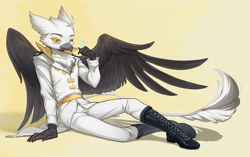 Size: 2530x1590 | Tagged: source needed, safe, artist:莫衡, derpibooru import, oc, oc only, oc:tristan alastair, anthro, griffon, boots, claws, clothes, griffon oc, shoes, solo, spread wings, uniform, white fur, wings