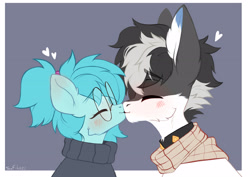 Size: 3508x2480 | Tagged: safe, artist:sofiko-ko, derpibooru import, oc, oc only, oc:whispy slippers, pony, clothes, duo, eyes closed, glasses, kissing, round glasses, sweater