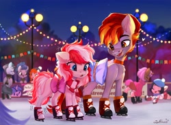 Size: 4096x2981 | Tagged: safe, artist:sofiko-ko, derpibooru import, oc, oc only, earth pony, pony, unicorn, clothes, female, hat, high res, ice rink, ice skates, ice skating, male, mare, pillow, skates, stallion, string lights, sweater