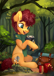 Size: 2894x4093 | Tagged: safe, artist:sofiko-ko, derpibooru import, oc, oc only, earth pony, pony, backpack, bag, camera, clothes, forest, high res, male, scarf, solo, stallion, tree