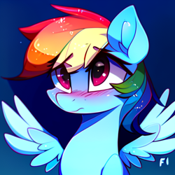 Size: 512x512 | Tagged: safe, derpibooru import, machine learning generated, rainbow dash, pegasus, pony, blushing, female, mare, solo, wings