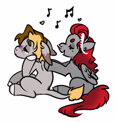 Size: 3298x3477 | Tagged: safe, artist:opalacorn, derpibooru import, oc, oc only, oc:void, pegasus, pony, backrub, duo, ears, floppy ears, music notes, nose piercing, nose ring, piercing, simple background, singing, white background