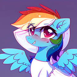 Size: 512x512 | Tagged: safe, derpibooru import, machine learning generated, rainbow dash, pegasus, pony, blushing, clothes, dress, looking at you, solo, wedding dress