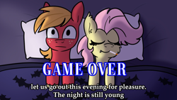Size: 1920x1080 | Tagged: safe, artist:tjpones, derpibooru import, big macintosh, fluttershy, bat pony, earth pony, pony, :|, aftersex, bat ponified, bed, castlevania, castlevania: symphony of the night, cheek fluff, cigarette, eyes closed, female, flutterbat, fluttermac, game over, halloween, holiday, in bed, male, mare, open mouth, overhead view, race swap, screenshots, sheet, shipping, smiling, smoking, stallion, stare, straight, text, video at source