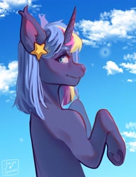 Size: 2773x3619 | Tagged: safe, artist:jaynsparkle, derpibooru import, oc, oc only, pony, unicorn, commission, female, hair accessory, looking back, mare, sky, smiling, solo, underhoof