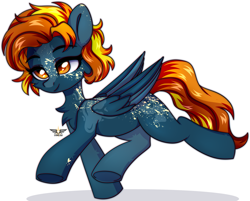 Size: 2285x1835 | Tagged: safe, artist:stormcloud, derpibooru import, oc, oc only, pegasus, pony, catchlights, chest fluff, eyebrows, eyebrows visible through hair, female, folded wings, freckles, full body, heart, heart eyes, looking away, mare, multicolored mane, multicolored tail, orange eyes, pegasus oc, short mane, simple background, smiling, solo, spots, tail, trade, white background, wingding eyes, wings