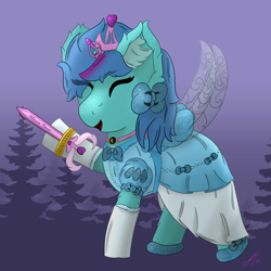 Size: 3000x3000 | Tagged: safe, artist:spiroudada, derpibooru import, oc, oc only, oc:magic star, pony, unicorn, clothes, crossdressing, cute, dress, fairy wings, female, filly, foal, happy, princess dress, smiling, solo, sword, weapon, wings