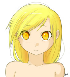 Size: 800x878 | Tagged: safe, artist:derpiihooves, derpibooru import, derpy hooves, human, 2011, bare shoulder portrait, bare shoulders, bust, female, humanized, looking at you, nudity, old art, portrait, simple background, solo, underp, white background