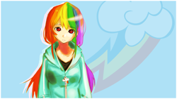 Size: 1920x1080 | Tagged: safe, artist:derpiihooves, derpibooru import, rainbow dash, human, 2012, bust, clothes, cutie mark background, female, humanized, jacket, looking at you, old art, red eyes, solo, wallpaper