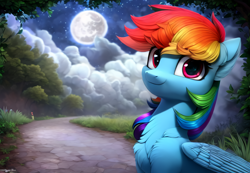 Size: 1664x1152 | Tagged: safe, derpibooru import, generator:purplesmart.ai, generator:stable diffusion, machine learning generated, rainbow dash, pegasus, pony, bust, chest fluff, cute, detailed, detailed background, female, fluffy, folded wings, mare, mare in the moon, moon, night, portrait, smiling, solo, wings