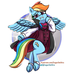 Size: 4500x4500 | Tagged: safe, artist:sugardotxtra, derpibooru import, rainbow dash, pegasus, blood, clothes, costume, dracula, fangs, flying, halloween, halloween costume, holiday, looking at you, simple background, solo, spread wings, transparent background, underhoof, wings