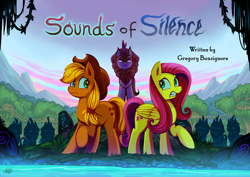 Size: 7016x4961 | Tagged: safe, artist:jowyb, derpibooru import, applejack, autumn blaze, fluttershy, earth pony, kirin, pegasus, pony, g4, sounds of silence, absurd resolution, banner, title card