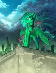 Size: 2782x3600 | Tagged: safe, artist:hobbes-maxwell, derpibooru import, oc, oc only, alicorn, pony, fallout equestria, city, cityscape, cloud, female, laser rifle, solo, solo female