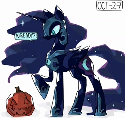 Size: 1150x1080 | Tagged: safe, artist:xo_0x3, derpibooru import, nightmare moon, alicorn, pony, female, halloween, holiday, jack-o-lantern, mare, pumpkin, simple background, solo, speech bubble, white background