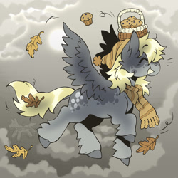 Size: 2048x2048 | Tagged: safe, artist:br0wnieb0x, derpibooru import, derpy hooves, pegasus, clothes, cloud, female, flying, food, leaves, mare, muffin, scarf, solo, striped scarf, sun