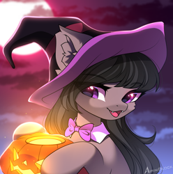 Size: 2146x2165 | Tagged: safe, artist:airiniblock, derpibooru import, octavia melody, earth pony, pony, ear fluff, ears, fangs, female, halloween, hat, holiday, jack-o-lantern, mare, moon, pumpkin, solo, witch hat