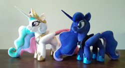 Size: 2271x1237 | Tagged: safe, artist:azdaracylius, derpibooru import, princess celestia, princess luna, pony, irl, photo, plushie