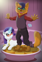 Size: 4130x6159 | Tagged: safe, artist:faitheverlasting, derpibooru import, capper dapperpaws, rarity, abyssinian, pony, unicorn, clothes, commission, duo, duo male and female, female, glasses, male, mare, pants, sewing needle, story in the source, sweater vest