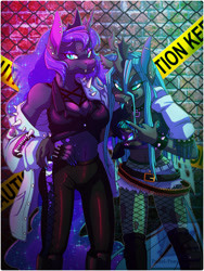 Size: 900x1200 | Tagged: safe, artist:pornypastel, derpibooru import, nightmare moon, queen chrysalis, alicorn, anthro, changeling, changeling queen, angry, boots, breasts, cleavage, clothes, crown, daisy dukes, ear piercing, eyeshadow, fangs, female, fishnet clothing, fishnet stockings, hand on hip, heavy metal, jacket, jewelry, leather, leather jacket, lidded eyes, looking at you, makeup, middle finger, midriff, piercing, regalia, ripped stockings, ripping clothes, rocker, scowl, shoes, short shirt, shorts, skintight clothes, slit eyes, spiked wristband, stockings, thigh highs, tongue, tongue out, torn clothes, vulgar, wristband