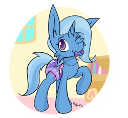 Size: 1470x1354 | Tagged: safe, artist:papdreams, derpibooru import, trixie, pony, unicorn, adult foal, diaper, diaper fetish, female, fetish, mare, one eye closed, pacifier, poofy diaper, raised hoof, raised leg, signature, solo, wink