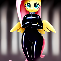 Size: 2048x2048 | Tagged: safe, derpibooru import, editor:stableconfusion, generator:stable diffusion, machine learning generated, fluttershy, pegasus, semi-anthro, bipedal, clothes, collar, latex, latex suit, rubber, shiny, simple background, suit