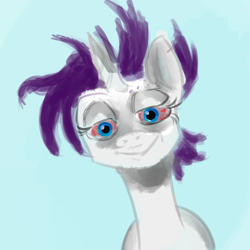 Size: 1000x1000 | Tagged: safe, artist:anonymous, derpibooru import, rarity, pony, unicorn, /mlp/, bloodshot eyes, blue background, brendan fraser, drawthread, female, just, lidded eyes, looking at you, mare, meme, ponified, ponified meme, simple background, solo