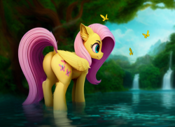 Size: 1408x1024 | Tagged: safe, derpibooru import, editor:craft, generator:stable diffusion, machine learning generated, fluttershy, butterfly, pegasus, pony, butt, dock, female, flutterbutt, looking at something, mare, outdoors, plot, smiling, solo, tail, tree, water, waterfall