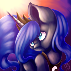 Size: 2400x2400 | Tagged: safe, artist:prettyshinegp, derpibooru import, princess luna, alicorn, pony, abstract background, bust, female, jewelry, mare, peytral, signature, solo, tiara